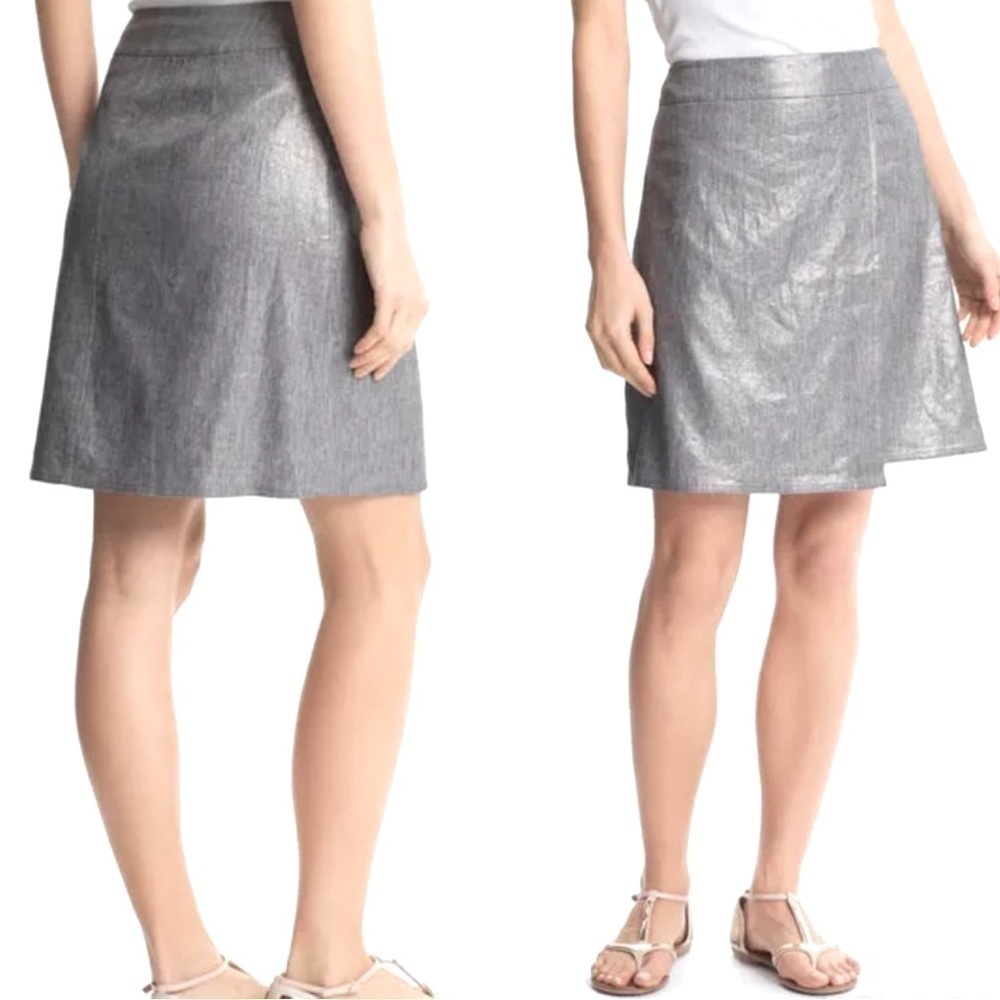 Eileen Fisher Metallic Linen Faux-Wrap Skirt Silver Gray Women’s Size Medium